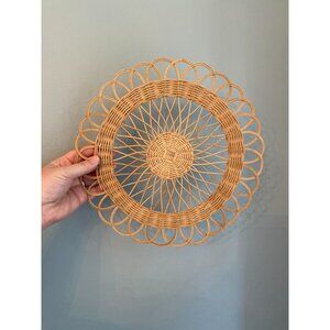 Large vintage boho flat woven basket scalloped edge gallery wall basket wall dec